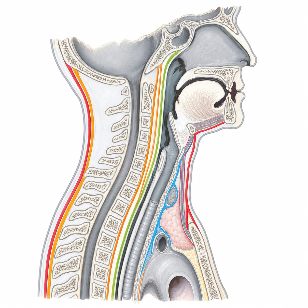 Side-view anatomical cross-section showing the cervical spine and surrounding structures of the head and neck
